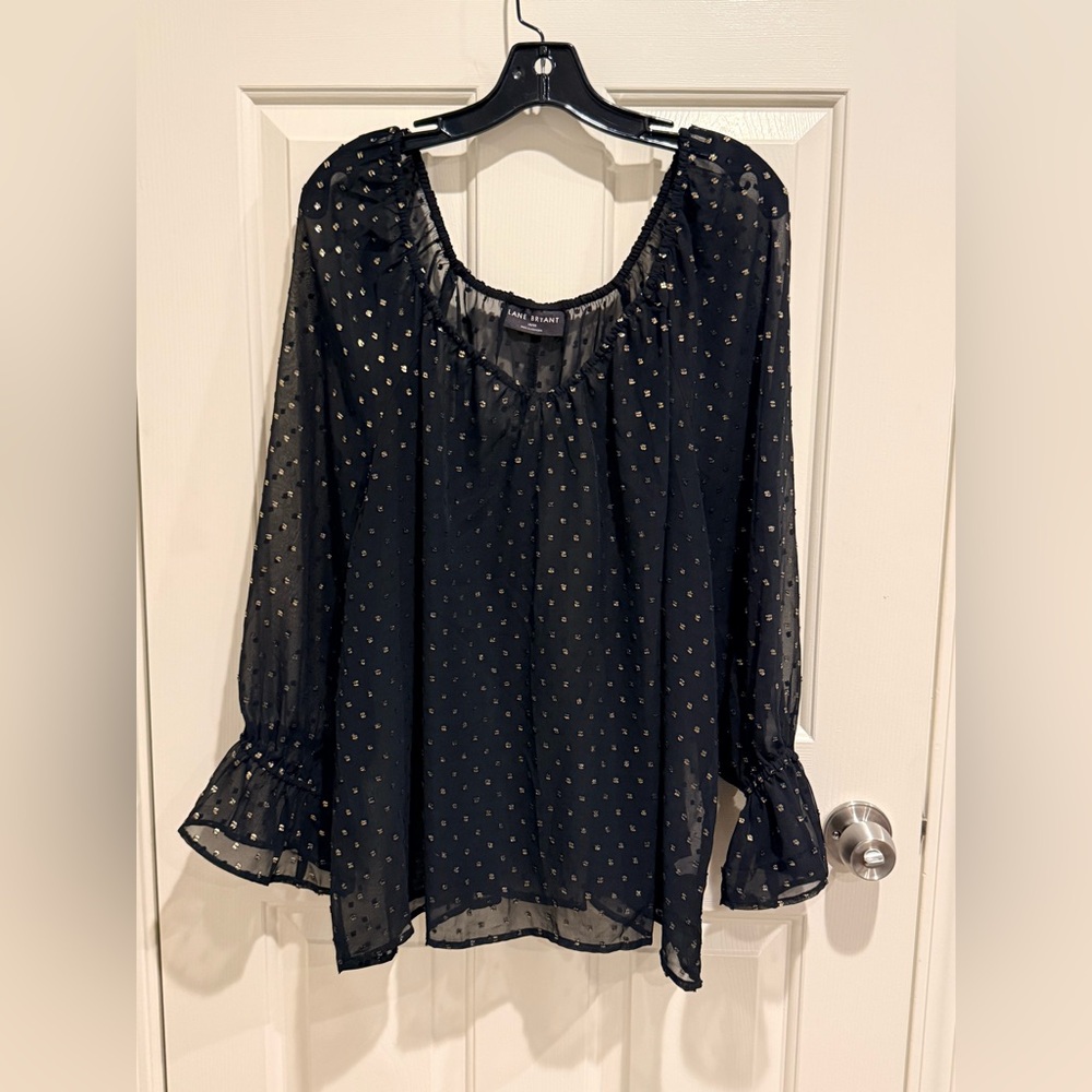 Lane Bryant Black Sheer Blouse with Gold Accents